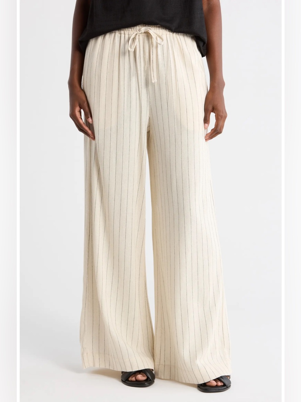 NWT Max Studio Blended Linen Natural Striped Wide Leg Drawstring Pants S $128